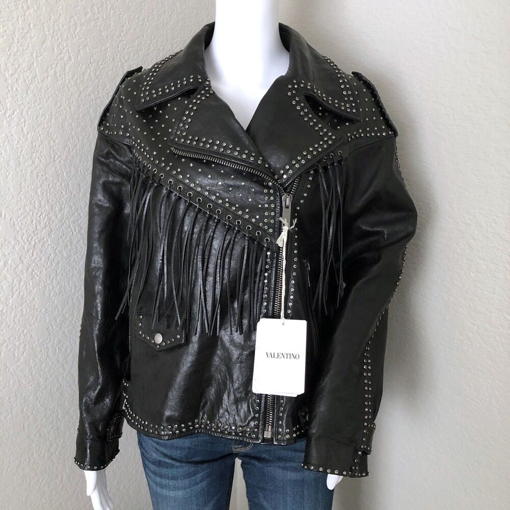 Valentino Womens $13K Leather Jacket Size 38 2 Black Biker Rhinestone Fringe NWT
